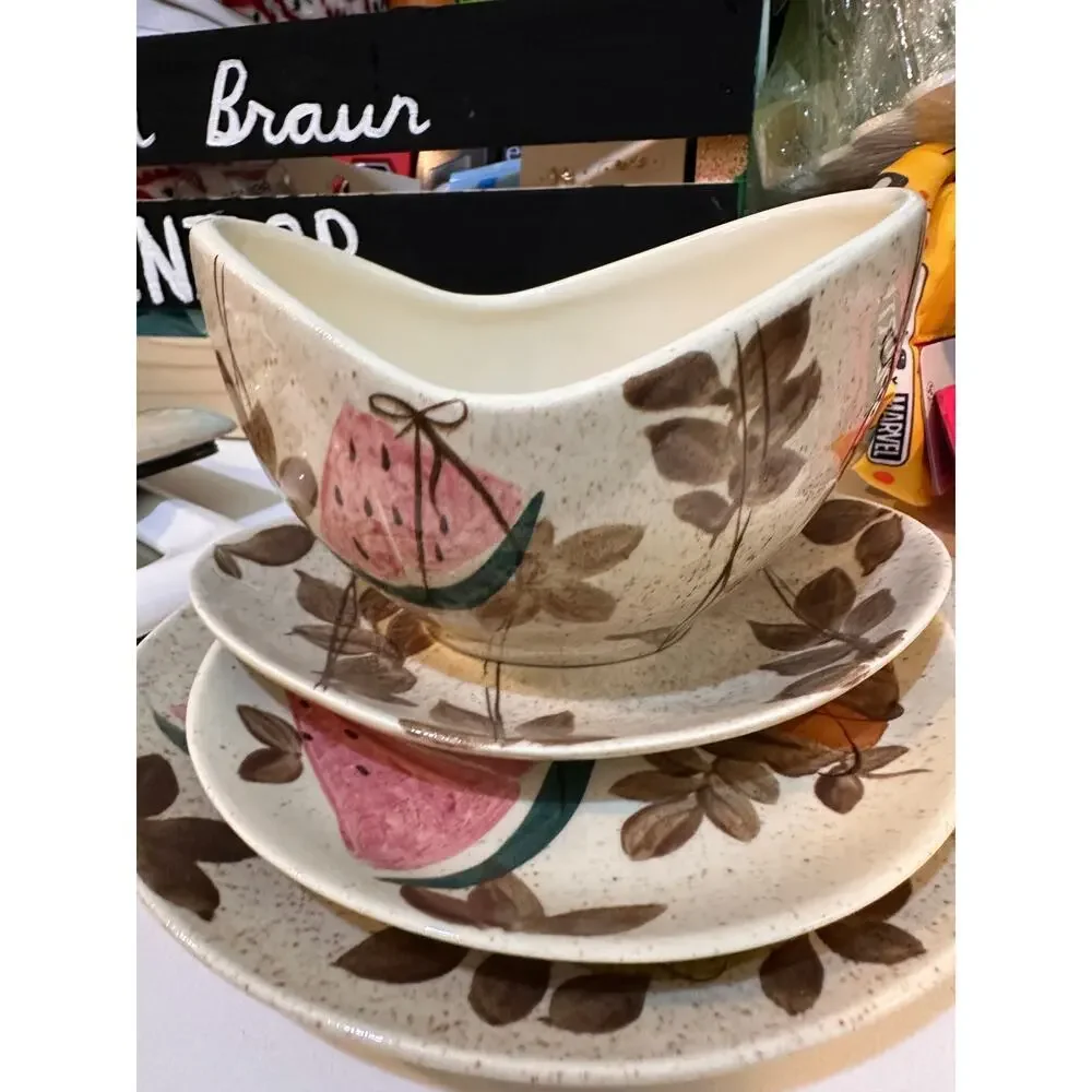Vintage Red Wing Pottery Tampico Hand Painted Gravy Boat Underplate set
